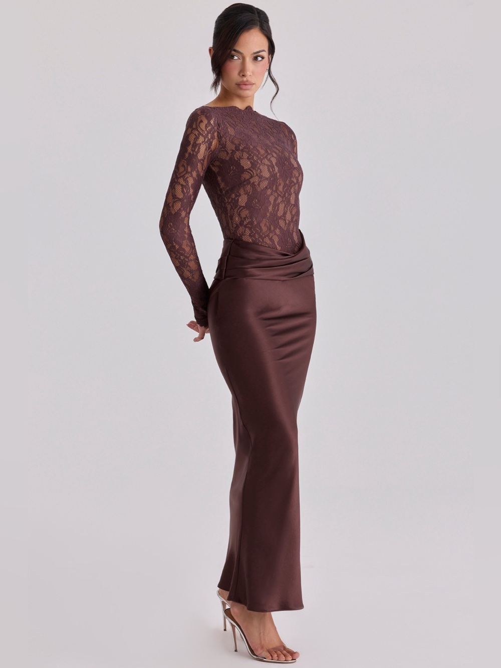 House of CB YASMEEN Espresso Brown Lace + Satin Draped Maxi Dress size L NWOT - Picture 4 of 10